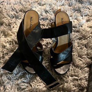 Michael Antonio Black Leather Crisscross Block Heel Sandals